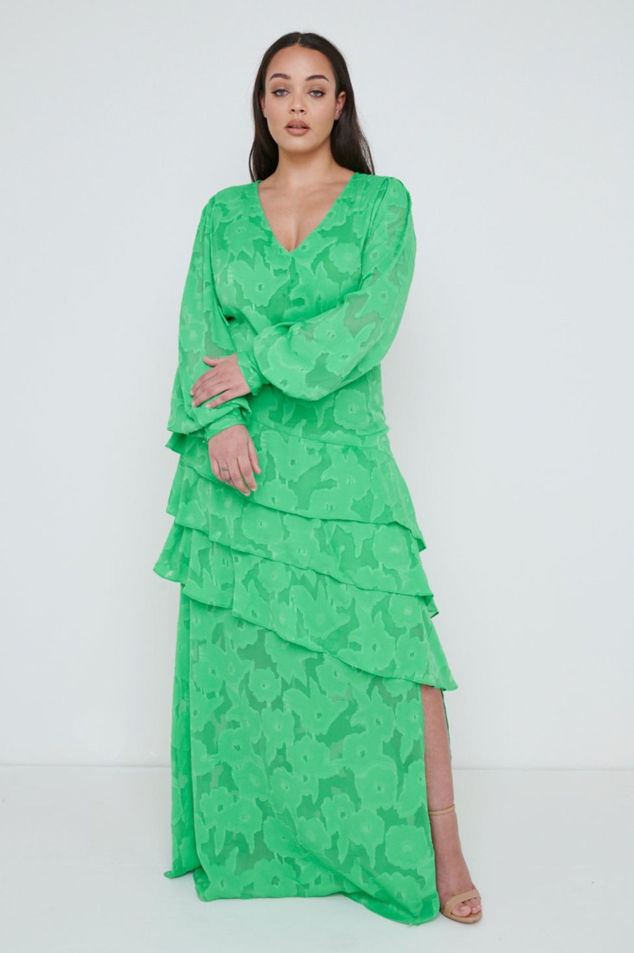 Clothing Pretty Lavish | Lois Cross Back Jaquard Maxi Dress Curve Emerald