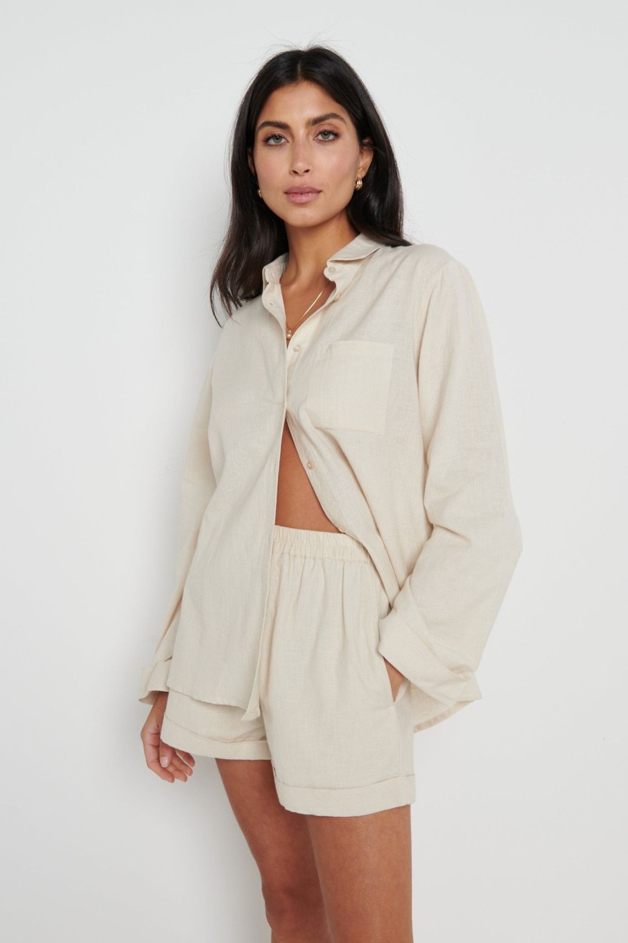 Clothing Pretty Lavish | Belle Boxy Linen Shirt Beige