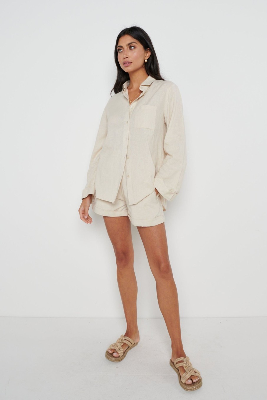 Clothing Pretty Lavish | Belle Boxy Linen Shirt Beige