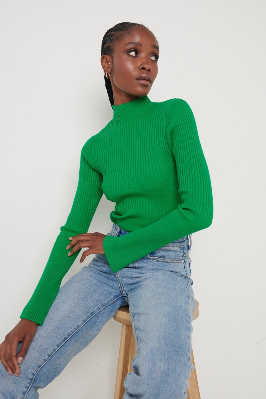 Clothing Pretty Lavish | Abbey Ribbed Grown Neck Top Green