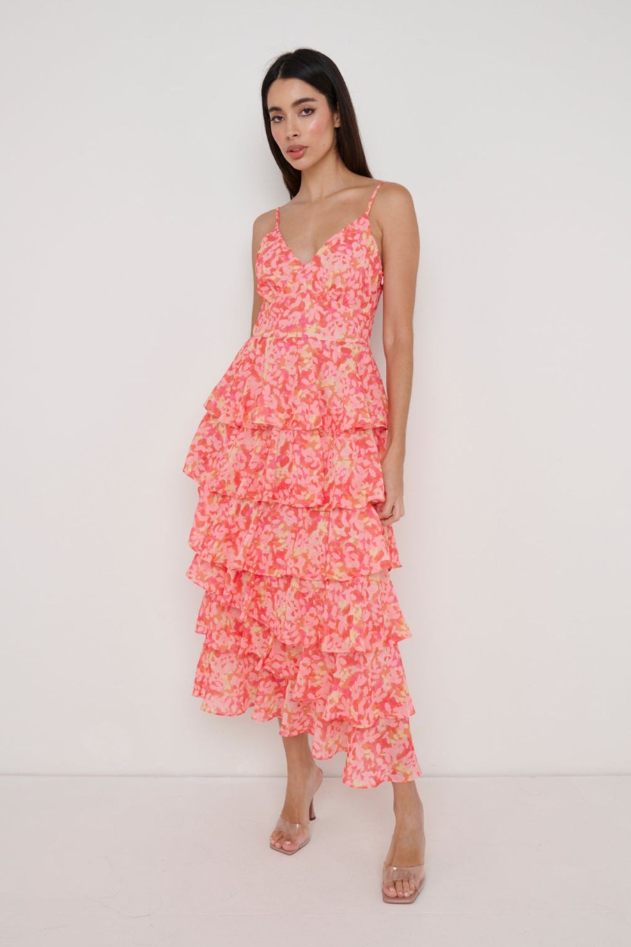 Clothing Pretty Lavish | Lissy Ruffle Midaxi Dress Pink And Orange Floral