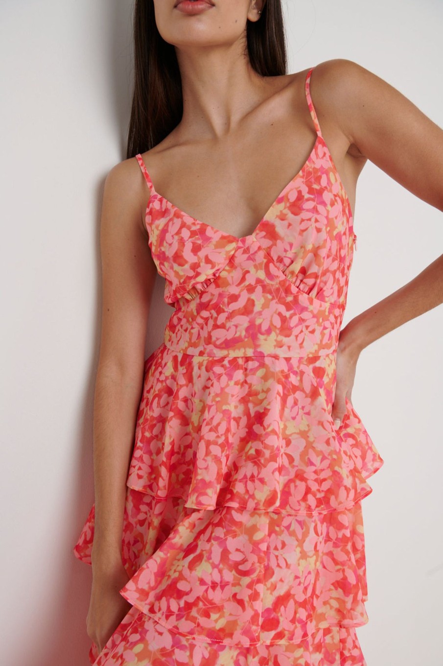 Clothing Pretty Lavish | Lissy Ruffle Midaxi Dress Pink And Orange Floral