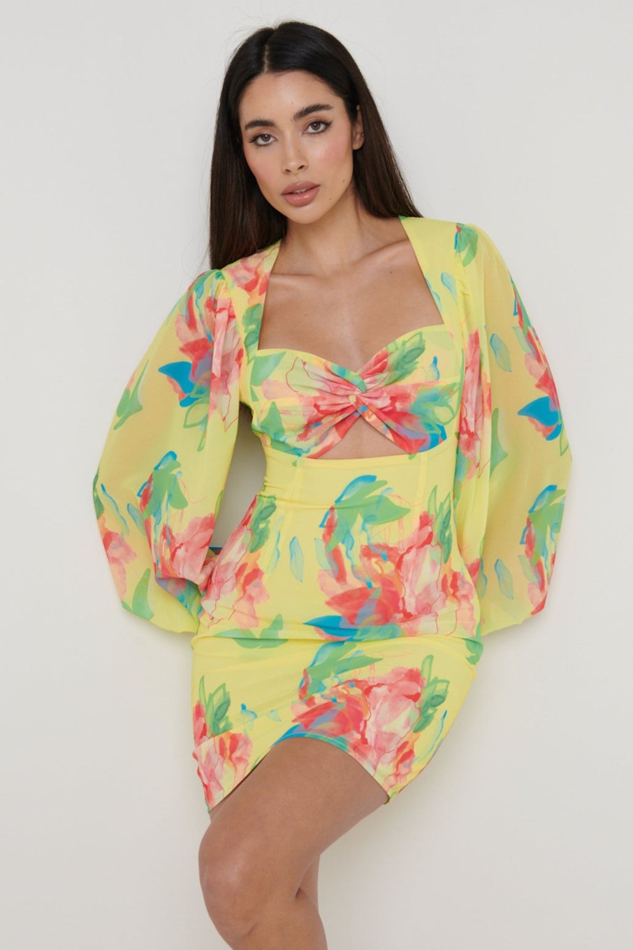 Clothing Pretty Lavish | Anais Cut Out Mini Dress Lemon Abstract Floral