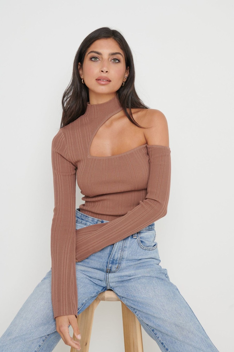 Clothing Pretty Lavish | Presley High Neck Cut Out Knit Top Brown