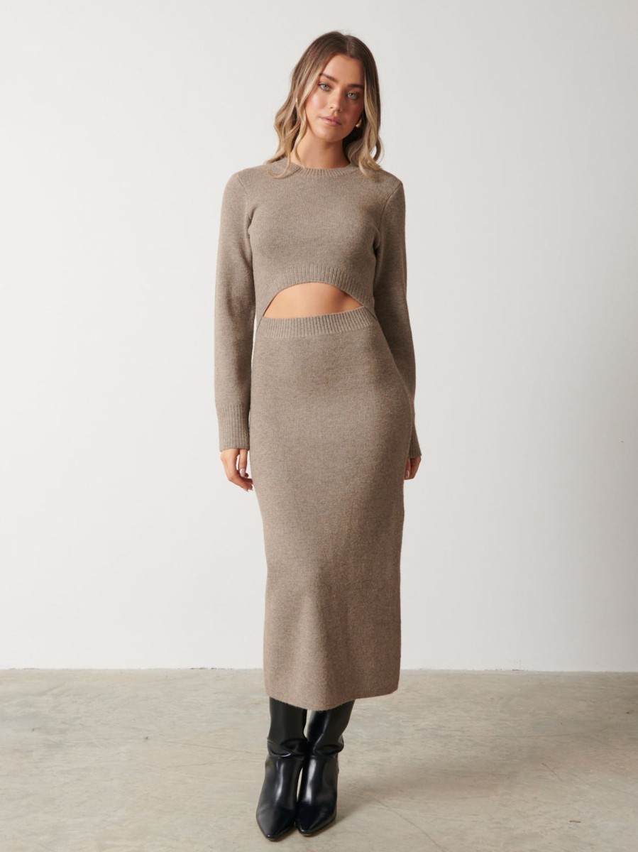 Clothing Pretty Lavish | Elena Cut Out Knit Midaxi Dress Mushroom