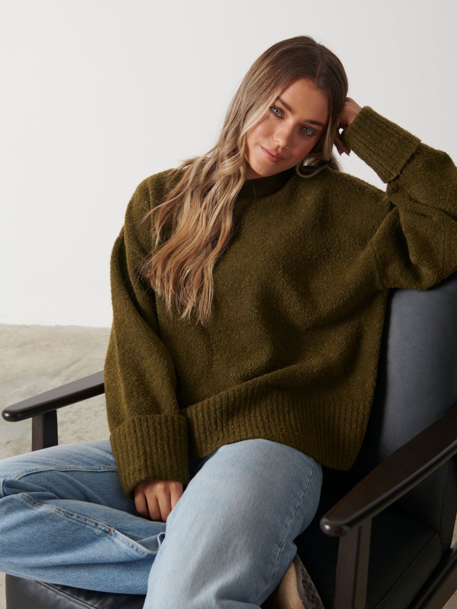 Clothing Pretty Lavish | Camille Oversized Borg Jumper Khaki