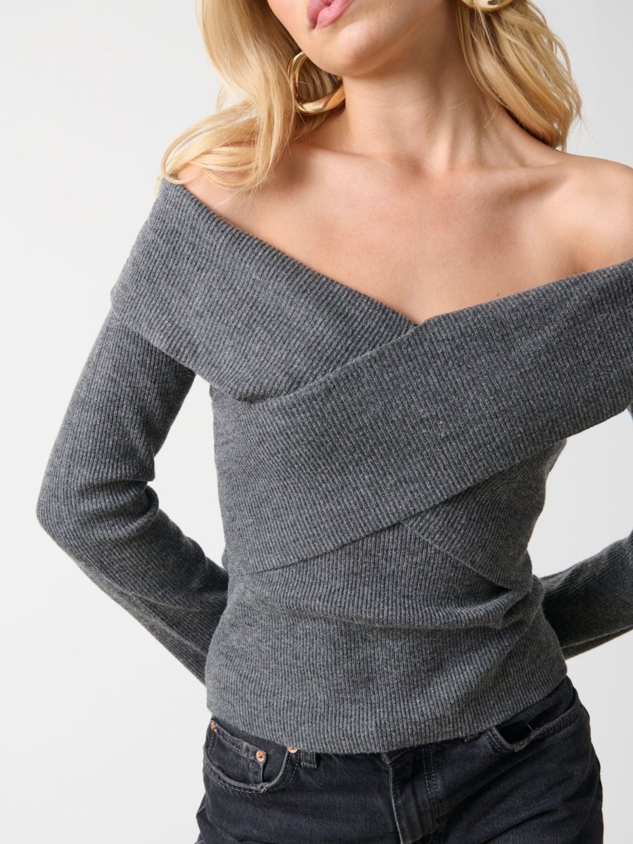 Clothing Pretty Lavish | Daphne Cross Over Knit Top Charcoal