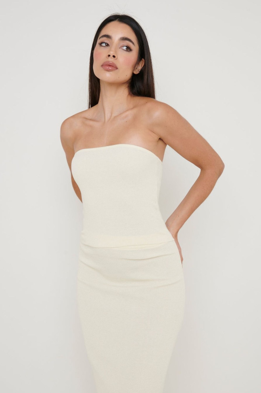 Clothing Pretty Lavish | Reese Bandeau Knit Top Cream