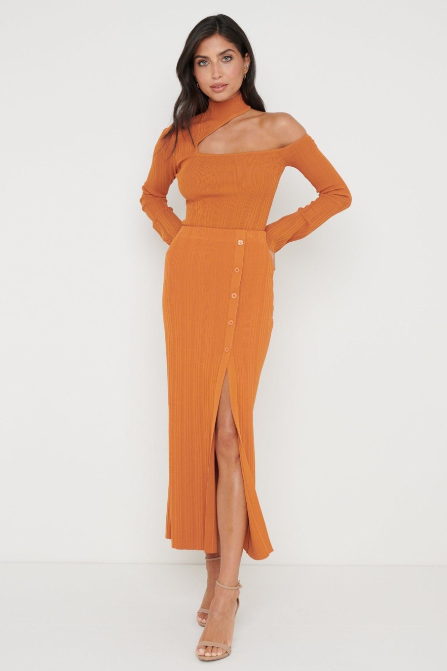 Clothing Pretty Lavish | Presley Slit Button Knit Skirt Orange