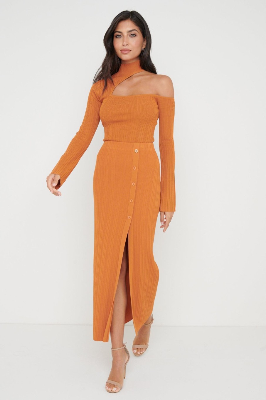 Clothing Pretty Lavish | Presley Slit Button Knit Skirt Orange