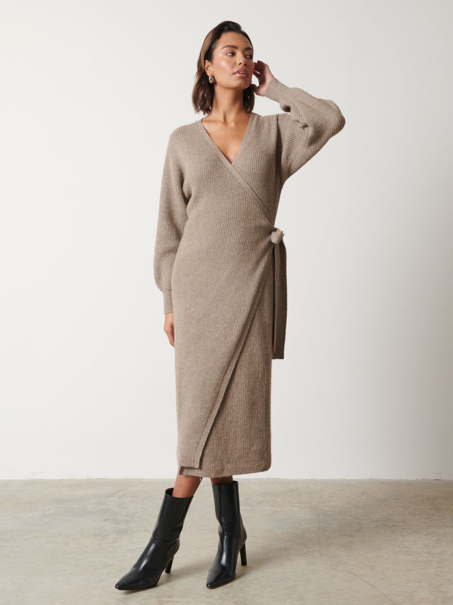 Clothing Pretty Lavish | Kinsley Ribbed Wrap Dress Mushroom