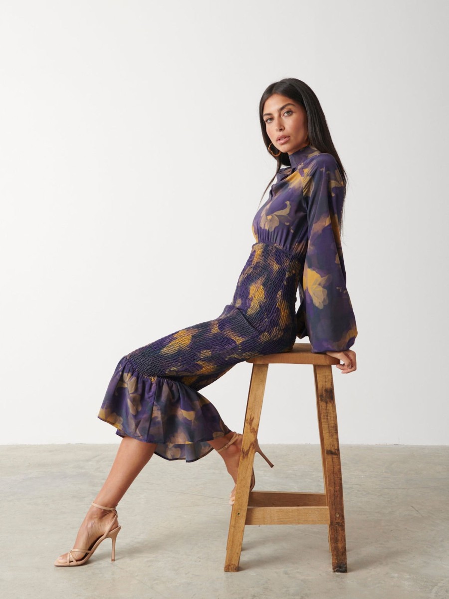 Clothing Pretty Lavish | Emily High Neck Shirred Midaxi Dress Dark Amethyst & Saffron Floral