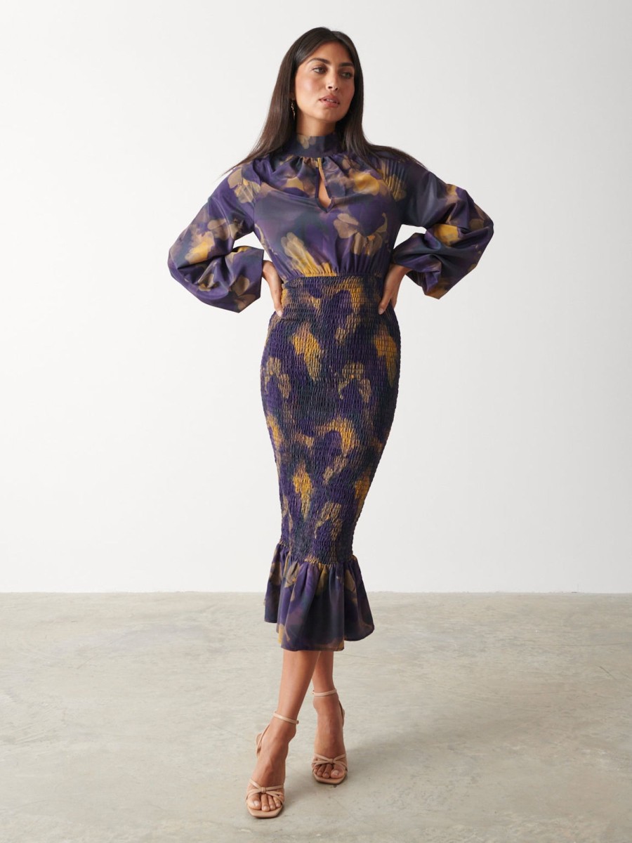 Clothing Pretty Lavish | Emily High Neck Shirred Midaxi Dress Dark Amethyst & Saffron Floral