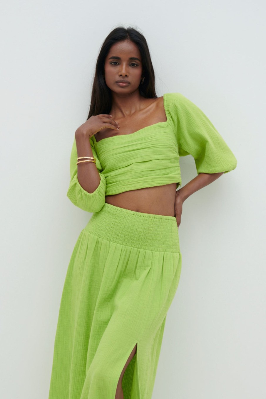 Clothing Pretty Lavish | Ingrid Ruched Puff Sleeve Blouse Lime