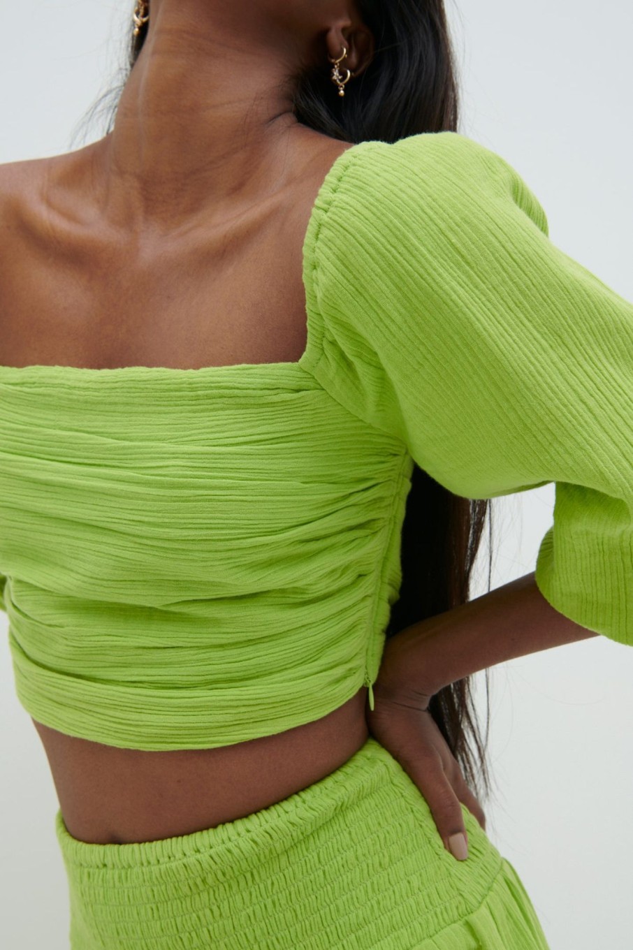 Clothing Pretty Lavish | Ingrid Ruched Puff Sleeve Blouse Lime