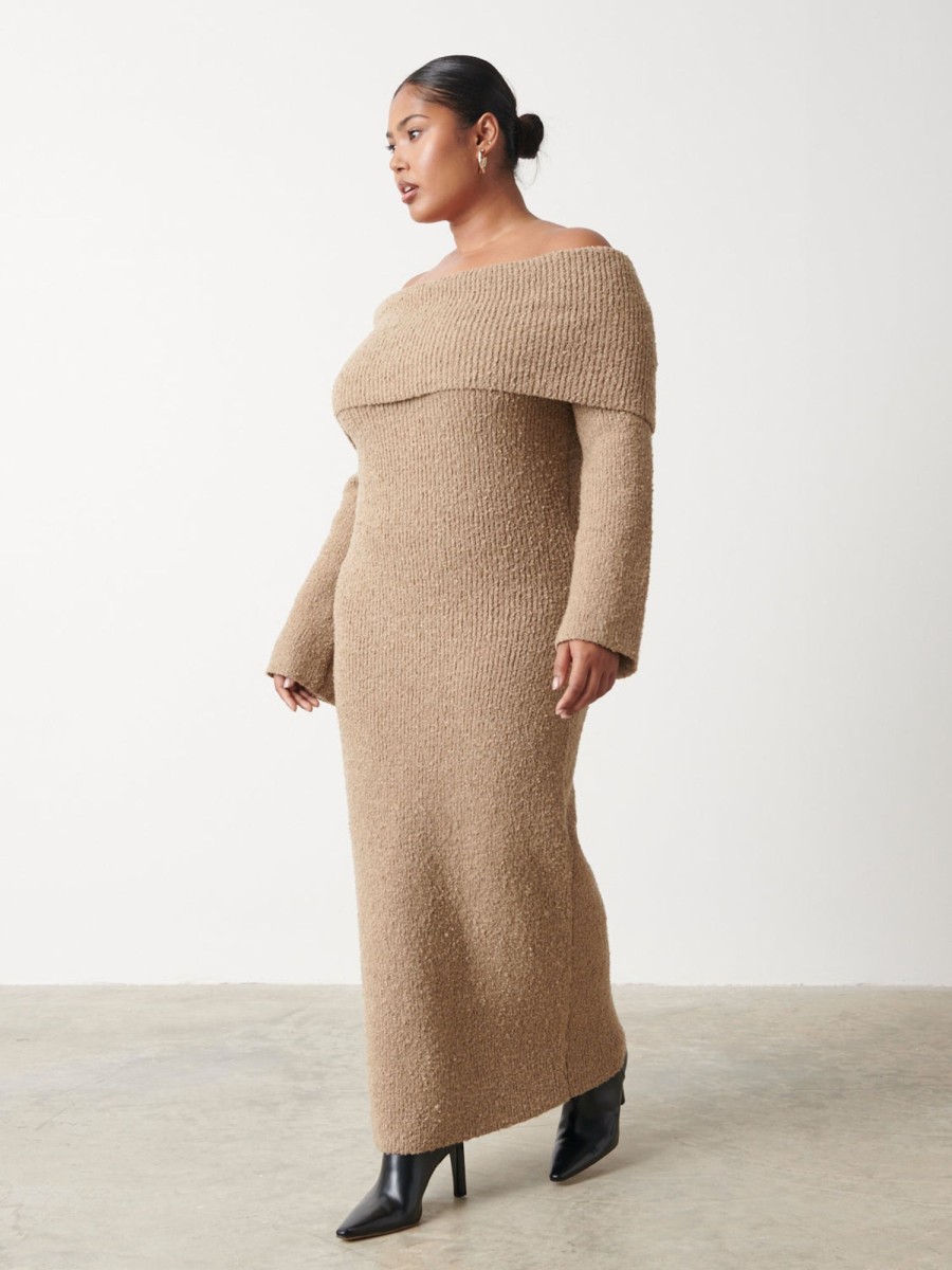 Clothing Pretty Lavish | Elodie Midaxi Bardot Knit Dress Curve Mushroom