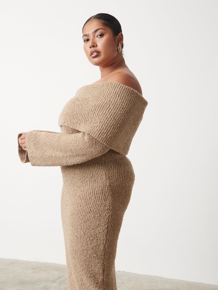 Clothing Pretty Lavish | Elodie Midaxi Bardot Knit Dress Curve Mushroom