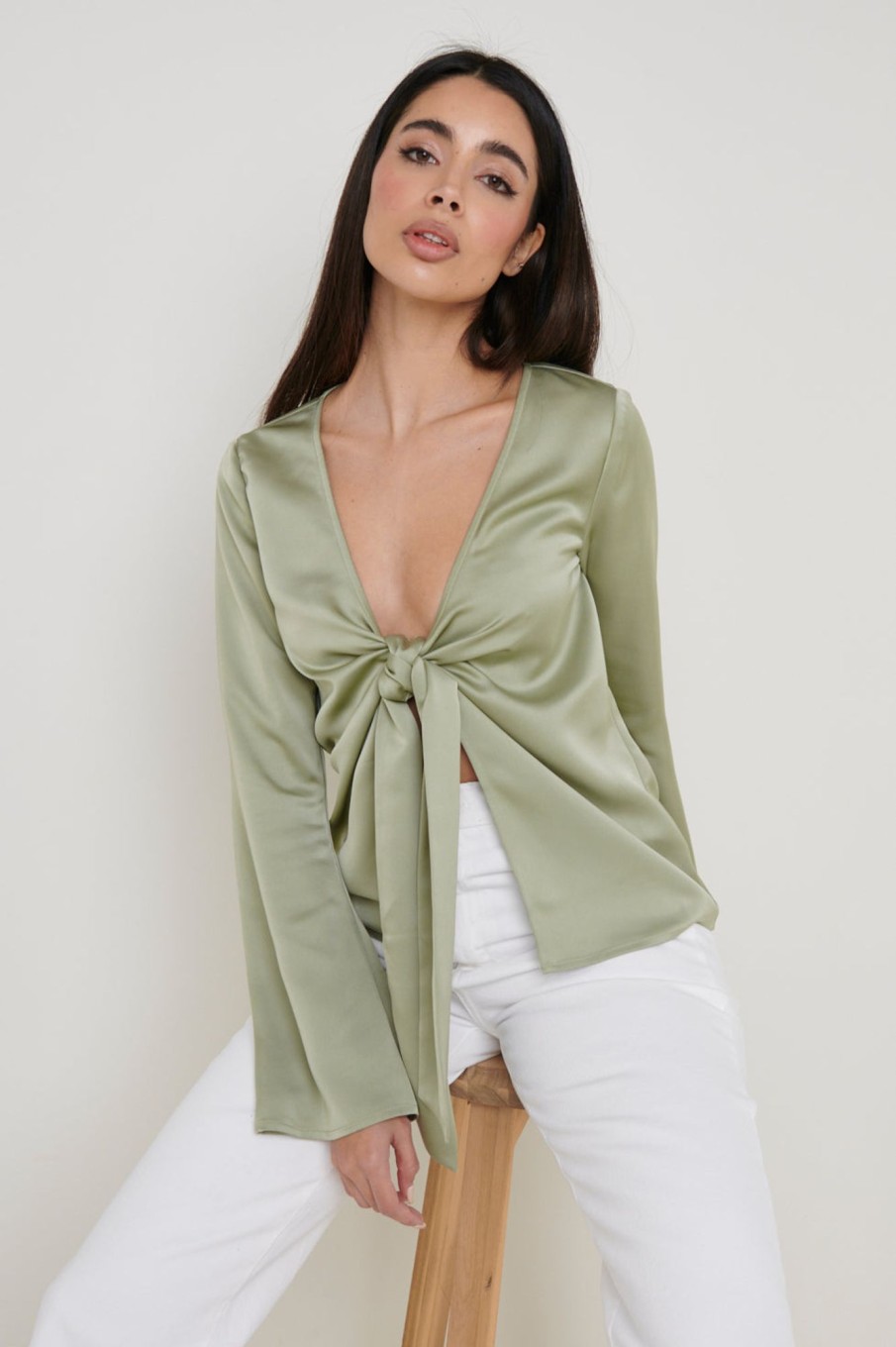 Clothing Pretty Lavish | Ashley Tie Drape Top Olive Grey