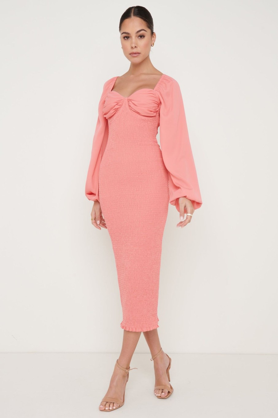 Clothing Pretty Lavish | Delilah Sweetheart Neck Shirred Dress Coral