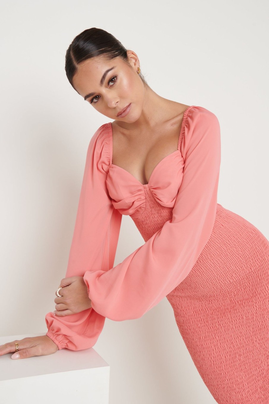 Clothing Pretty Lavish | Delilah Sweetheart Neck Shirred Dress Coral