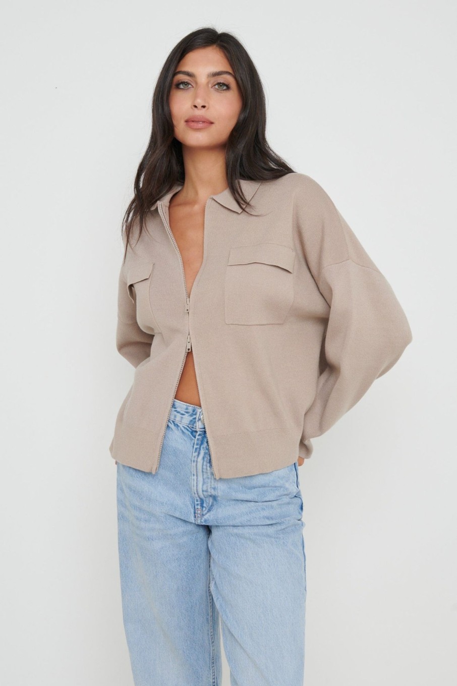 Clothing Pretty Lavish | Cameron Zip Up Cardigan Taupe