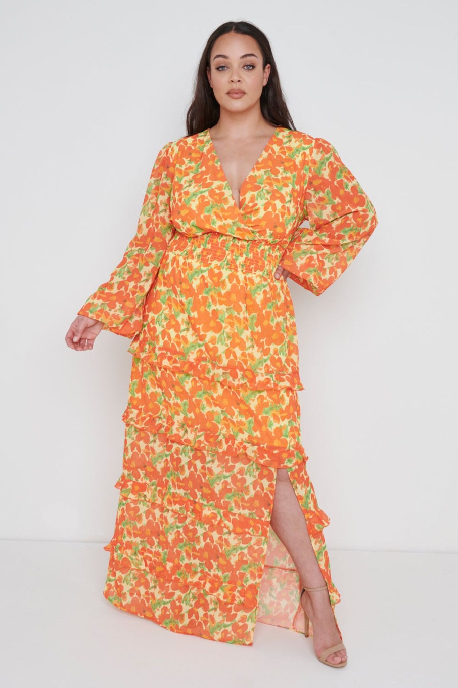 Clothing Pretty Lavish | Rochelle Shirred Waist Maxi Dress Curve Orange And Yellow Floral