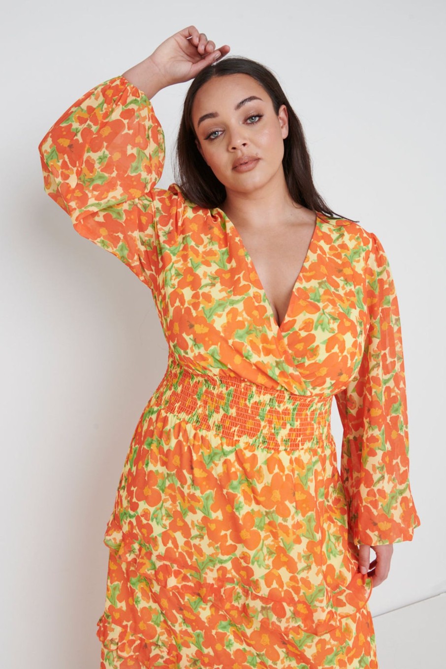 Clothing Pretty Lavish | Rochelle Shirred Waist Maxi Dress Curve Orange And Yellow Floral