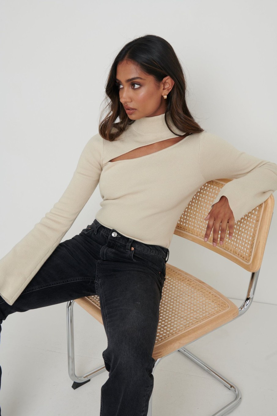 Clothing Pretty Lavish | Shani Cut Out Knit Top Beige