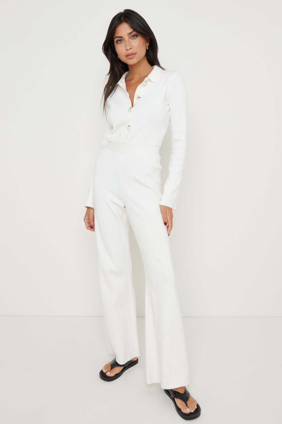 Clothing Pretty Lavish | Daisy Wide Leg Knit Jumpsuit Cream