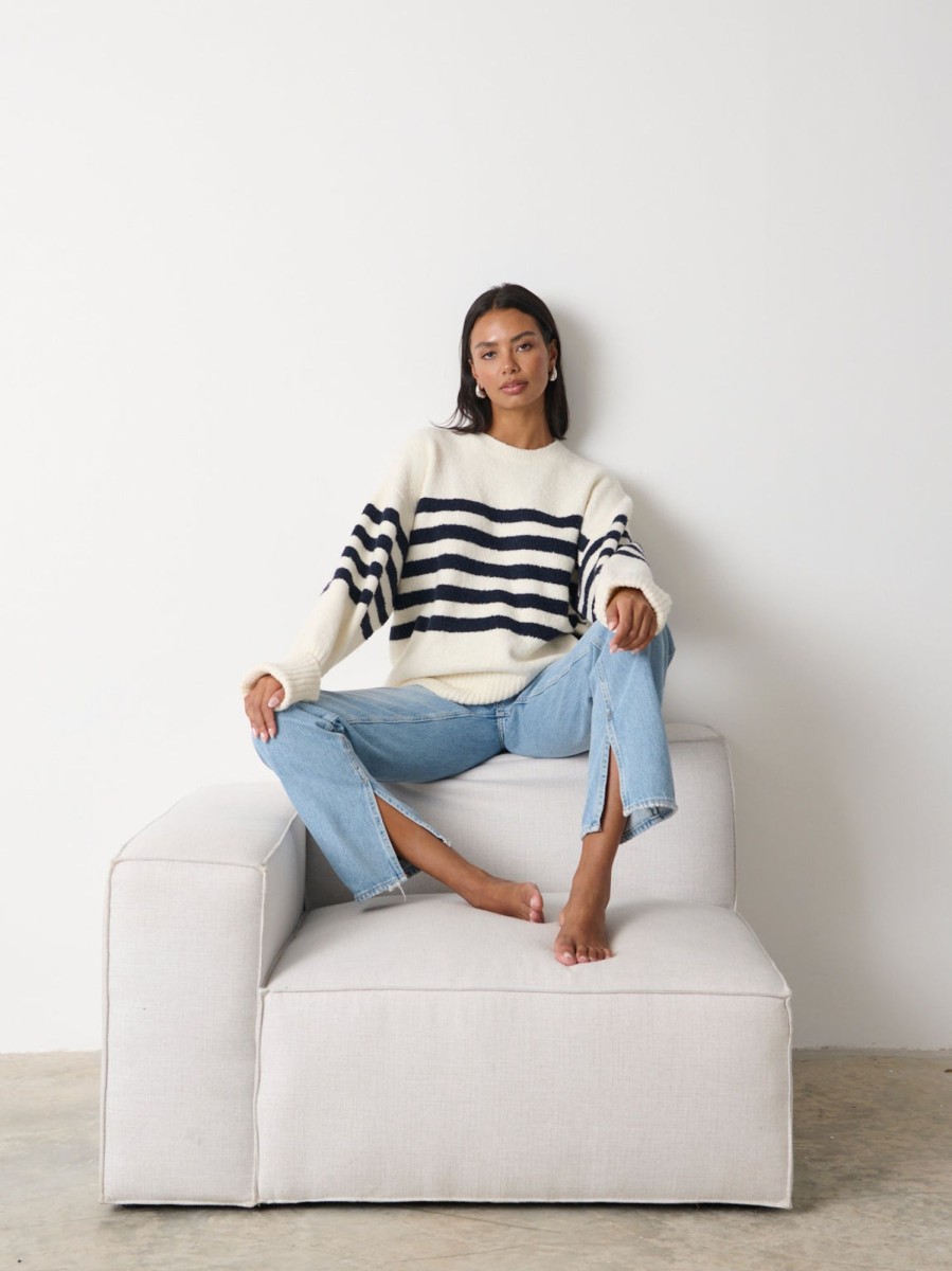 Clothing Pretty Lavish | Camille Oversized Striped Borg Jumper Cream