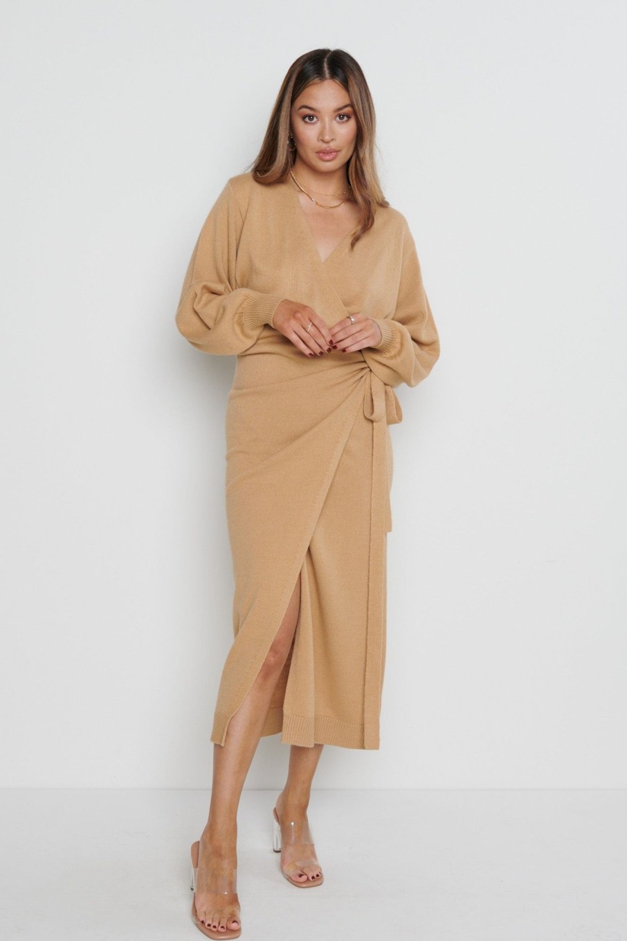 Clothing Pretty Lavish | Beau Wrap Midi Dress Camel