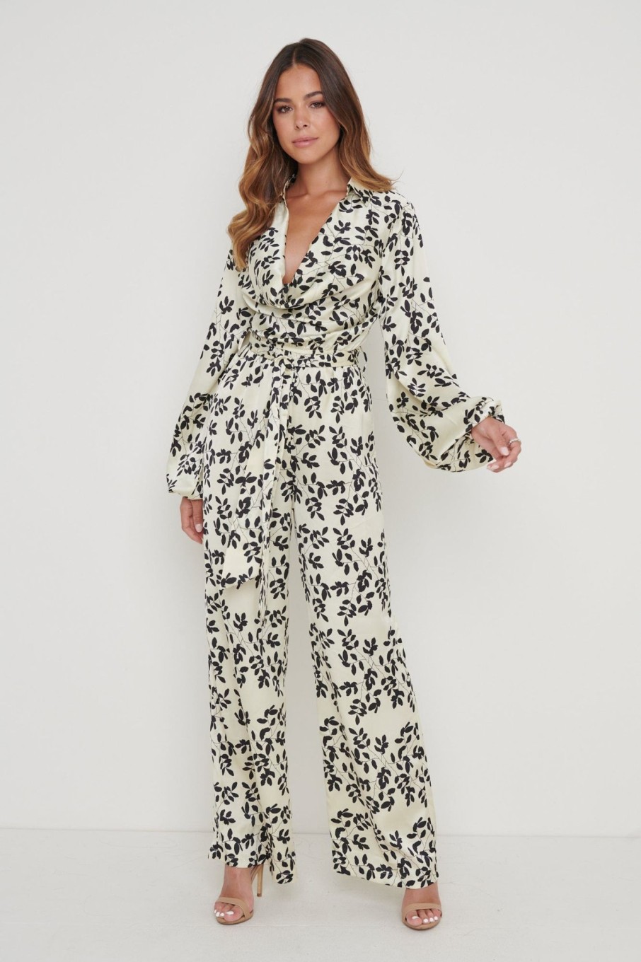 Clothing Pretty Lavish | Orla Printed Cowl Neck Jumpsuit Monochrome Floral