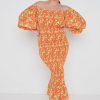 Clothing Pretty Lavish | Leona Bardot Shirred Midaxi Dress Curve Orange And Yellow Floral