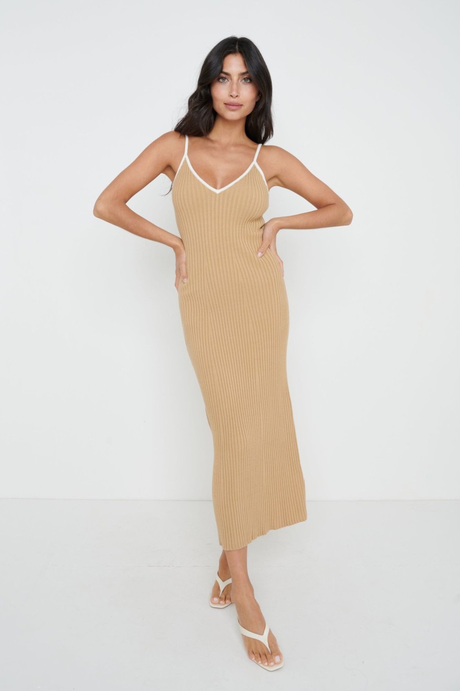 Clothing Pretty Lavish | Lorin Contrast Strap Knit Dress Camel