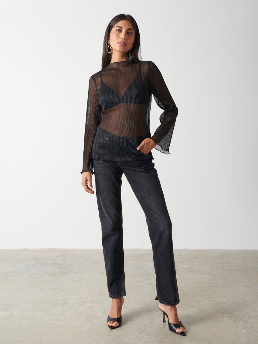 Clothing Pretty Lavish | Fraser Sheer Plisse Top Black