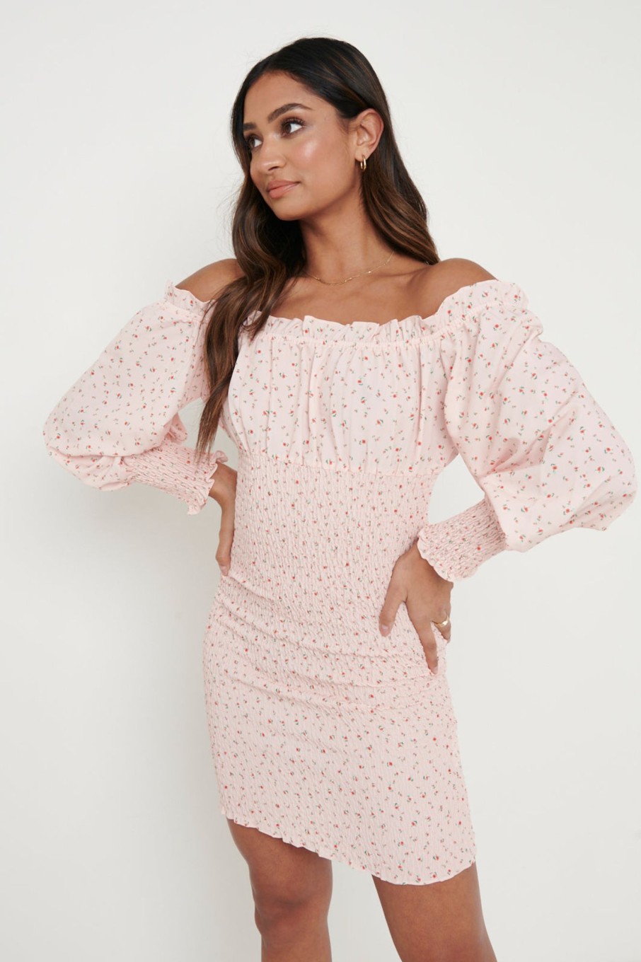 Clothing Pretty Lavish | Delarose Bardot Mini Dress Pink Ditsy Floral