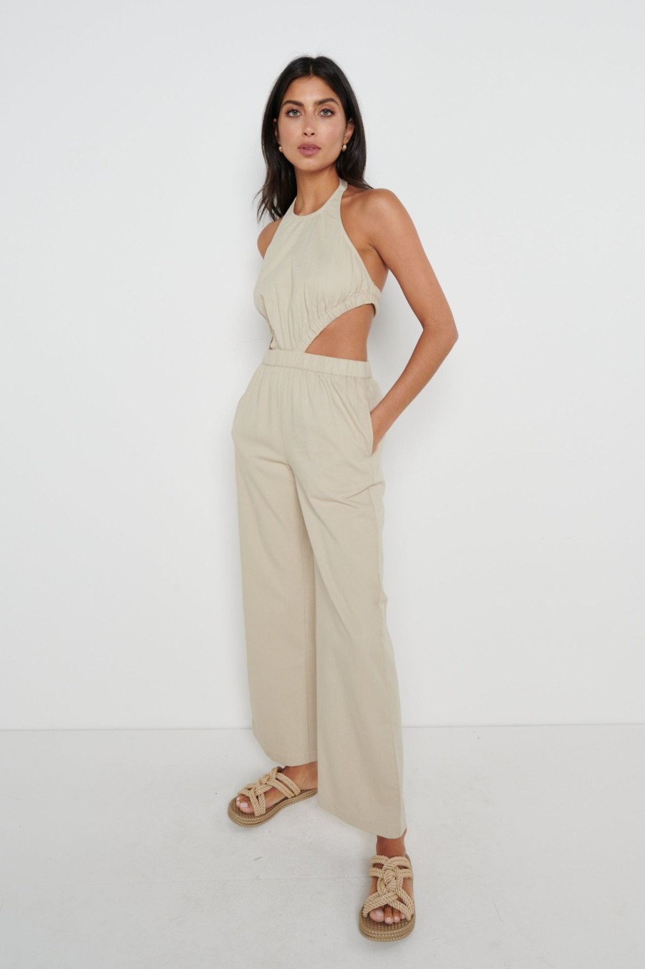 Clothing Pretty Lavish | Lexi Scrunch Backless Jumpsuit Taupe