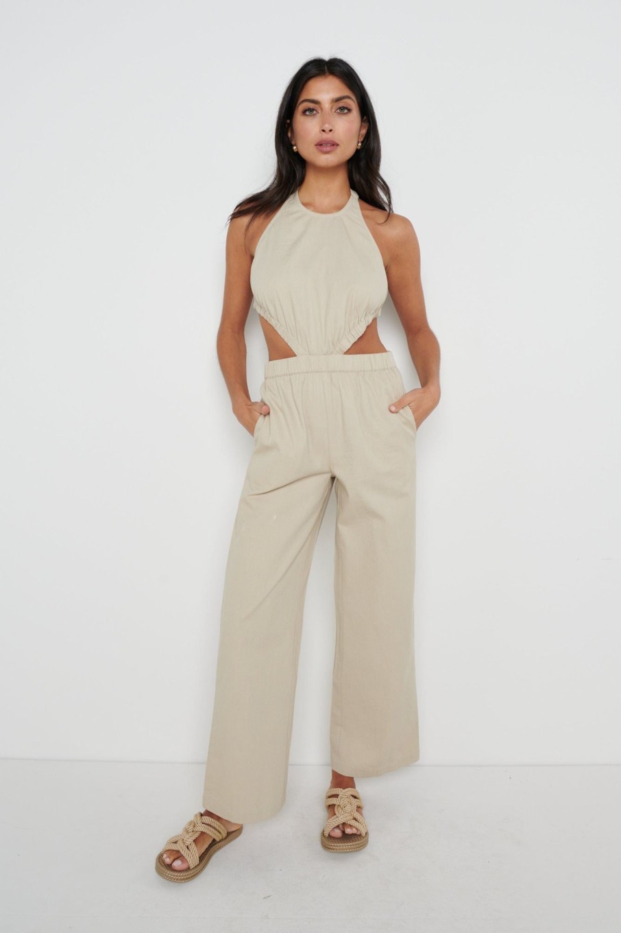 Clothing Pretty Lavish | Lexi Scrunch Backless Jumpsuit Taupe