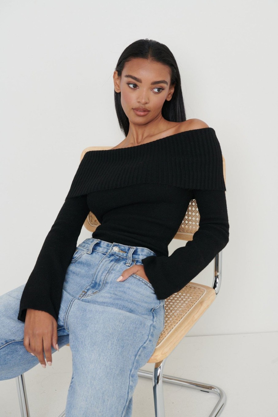 Clothing Pretty Lavish | Soreya Bardot Soft Knit Top Black