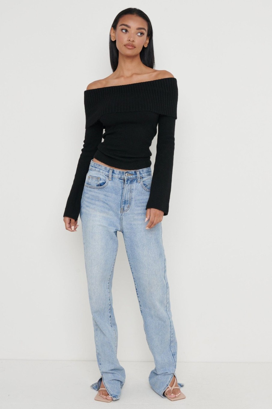 Clothing Pretty Lavish | Soreya Bardot Soft Knit Top Black