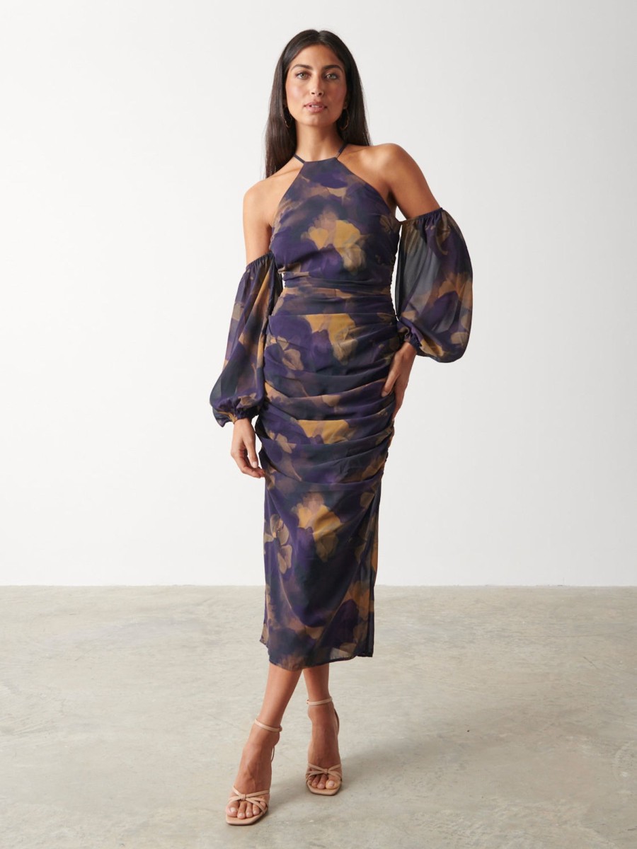 Clothing Pretty Lavish | Roma Ruched Midaxi Dress Dark Amethyst & Saffron Floral