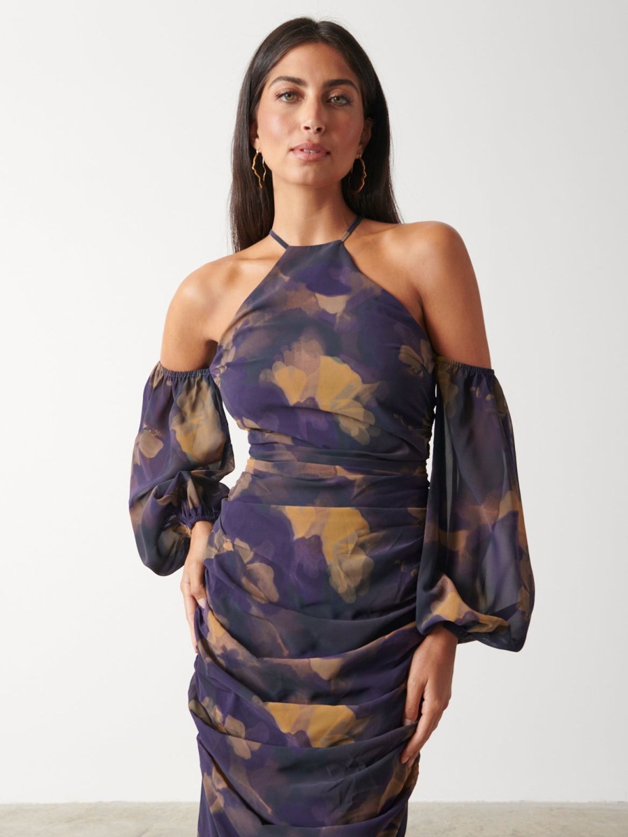 Clothing Pretty Lavish | Roma Ruched Midaxi Dress Dark Amethyst & Saffron Floral