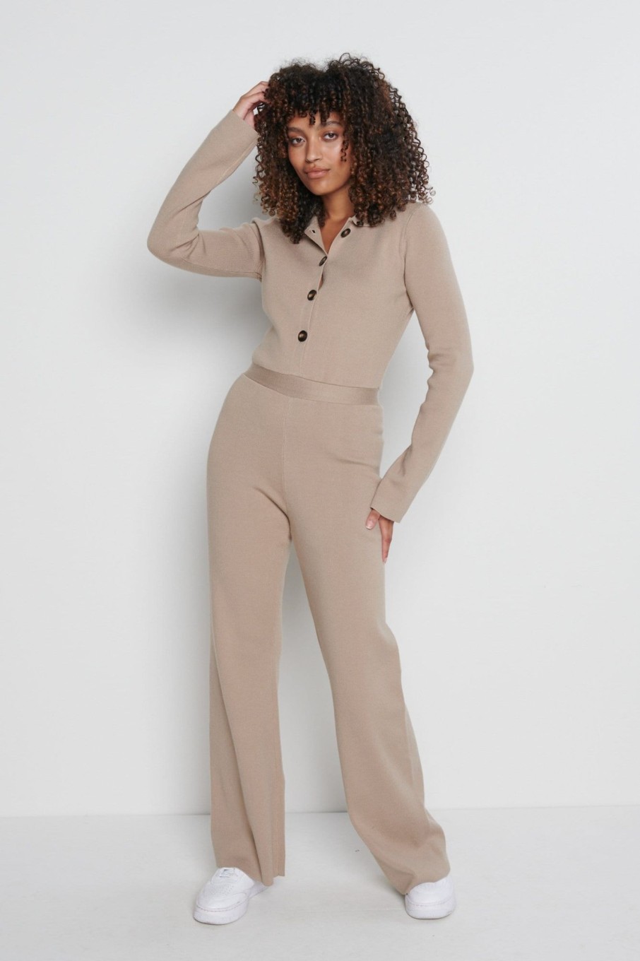 Clothing Pretty Lavish | Daisy Wide Leg Knit Jumpsuit Beige