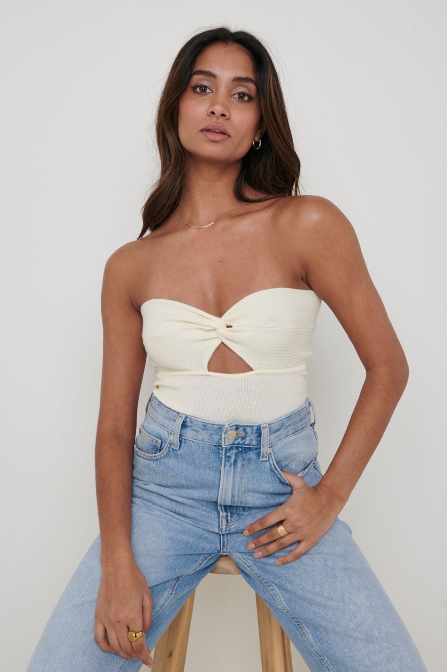 Clothing Pretty Lavish | Annabelle Twist Bardot Knit Top Cream