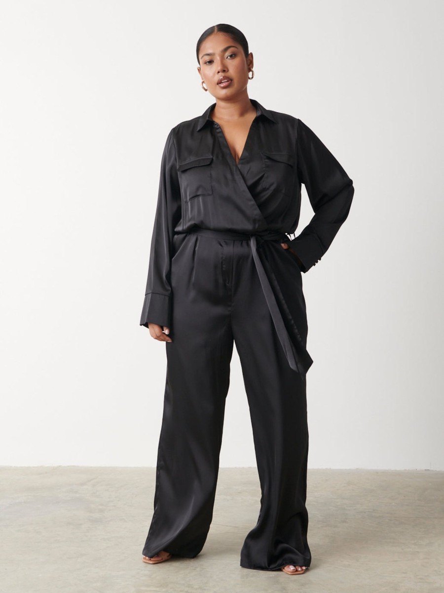 Clothing Pretty Lavish | Carmen Satin Jumpsuit Curve Black