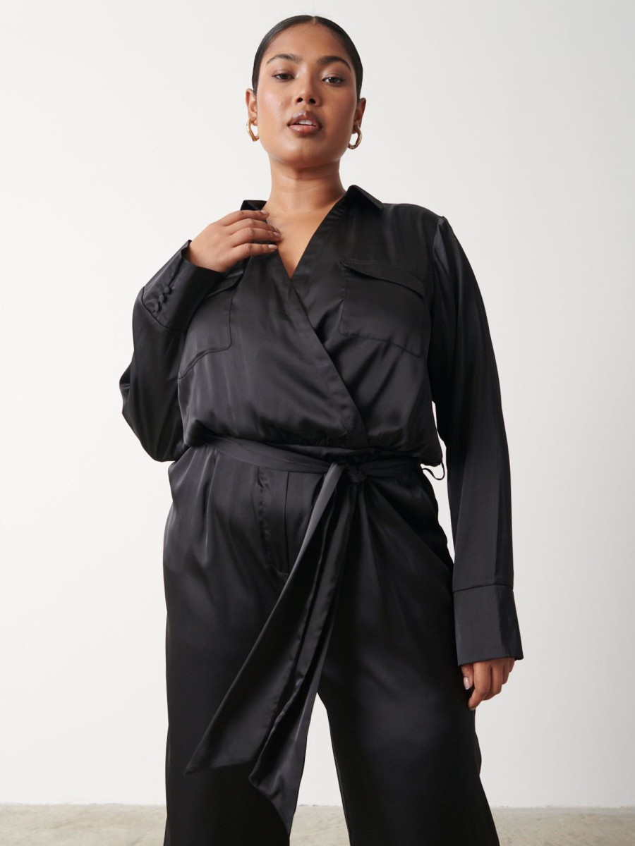 Clothing Pretty Lavish | Carmen Satin Jumpsuit Curve Black