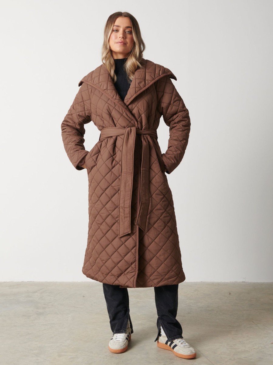 Clothing Pretty Lavish | Denver Quilted Oversized Coat Brown