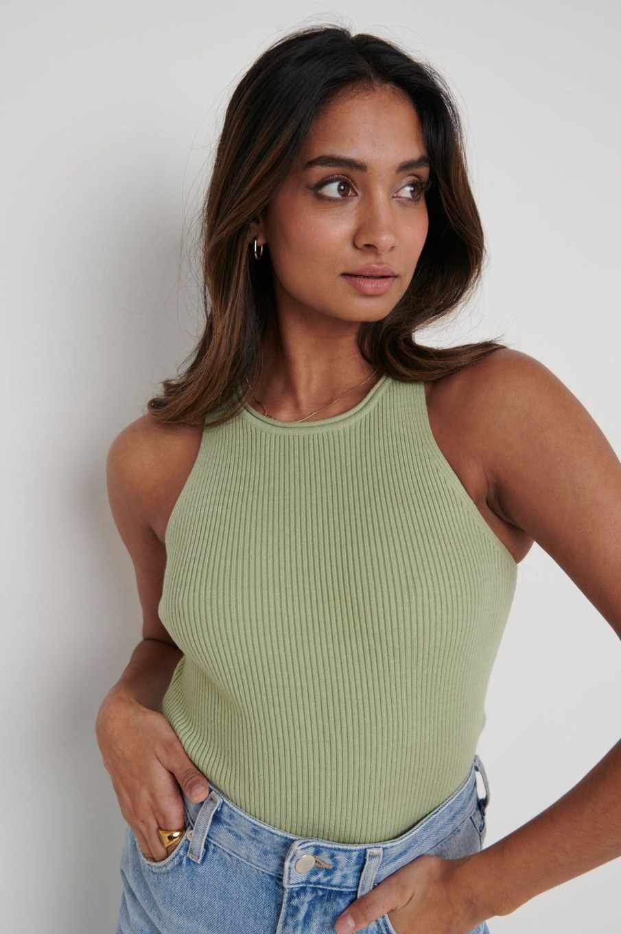 Clothing Pretty Lavish | Billie Ribbed Racer Tee Olive