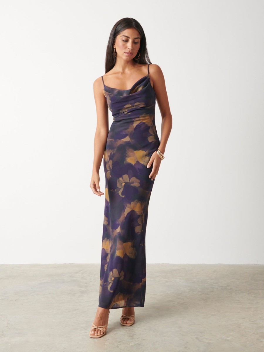 Clothing Pretty Lavish | Keisha Printed Chiffon Maxi Dress Dark Amethyst & Saffron Floral