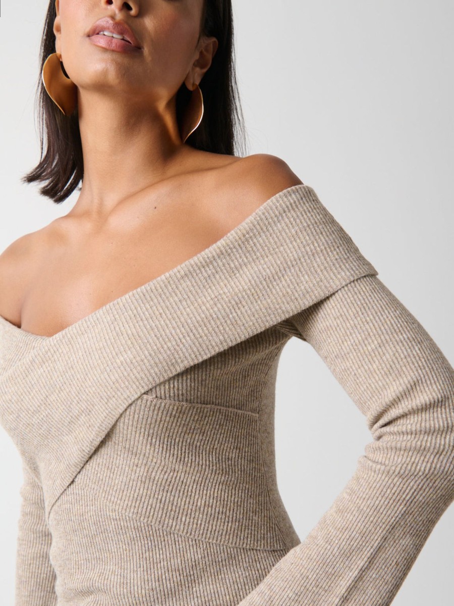 Clothing Pretty Lavish | Daphne Cross Over Knit Top Beige